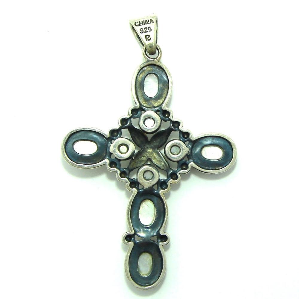 Cross Pendant in .925 Sterling, Mother of Pearl, and Marcasit - Picture 2 of 2